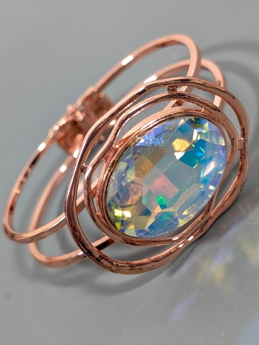 Rose Gold Tone Aurora Borealis Oval Crystal Hinge Cuff Bracelet Boho Coastal 7"